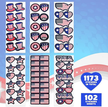 Artcreativity Assorted USA Stickers, Patriotic Stickers for Kids, 100 Sheets with Over 1,000 American Flag Stickers, Memorial Day Crafts for Kids, Memorial Day Stickers Decorations