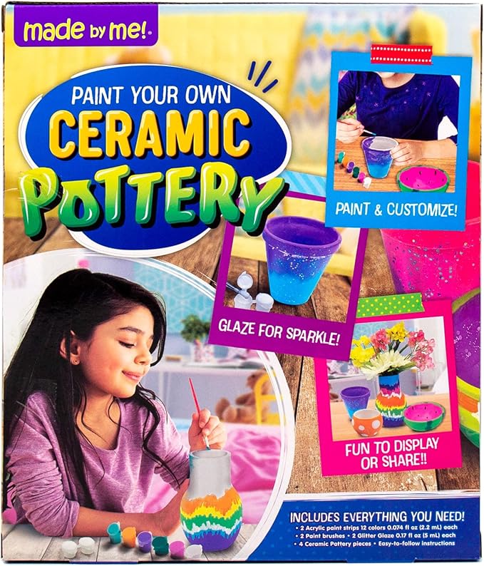 Made By Me Paint Your Own Ceramic Pottery, Fun Ceramic Painting Kit for Kids, Paint Your Own Ceramic Pottery Dish, Flower Pot, Vase & Bowl, Great Staycation Activity for Kids Ages 6, 7, 8, 9, Multi