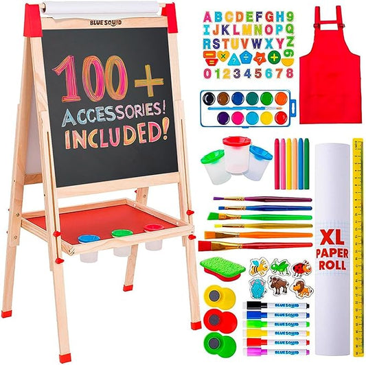 Blue Squid Art Easel for Kids Including 100+ Accessories - Double Sided Adjustable Wooden Painting Easel with Magnetic Chalk Board, White Board and Paper Roll for Toddlers Ages 3,4,5,6,7,8,9,10,12