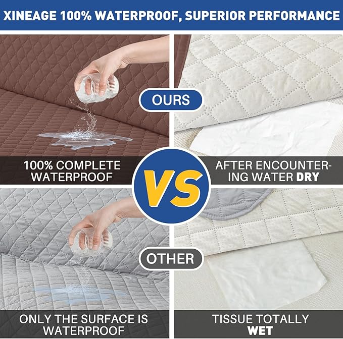 XINEAGE Loveseat Sofa Cover Waterproof Couch Covers for 2 Cushion Couch, Soft Washable Slipcover with Pockets & Non-Slip Elastic Straps, Thick Furniture Protector (Loveseat, Coffee)
