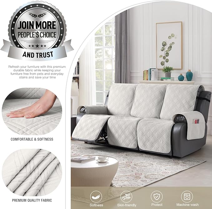 TAOCOCO 100% Waterproof Recliner Sofa Cover, Non Slip Split Couch Covers for Reclining Couches with Elastic Straps, Washable Reclining Sofa Cover Furniture Protector for Kids Pets(3 Seater, Off White)