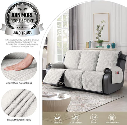 TAOCOCO 100% Waterproof Recliner Sofa Cover, Non Slip Split Couch Covers for Reclining Couches with Elastic Straps, Washable Reclining Sofa Cover Furniture Protector for Kids Pets(3 Seater, Off White)