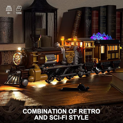 FUNWHOLE Train Lighting Building Bricks Set - Steampunk Ore Train LED Light Building Set 1056 Pieces for Adults and Teens