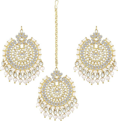 Aheli Ethnic Faux Kundan Drop Pearl Beads Dangle Earrings Maang Tikka Set Bollyood Fashion Jewelry for Women & Girls
