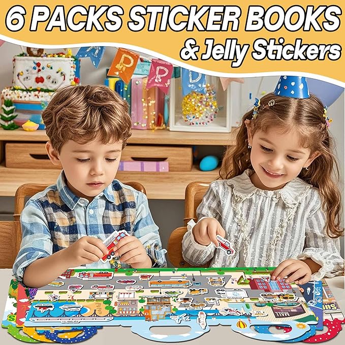 iGetooy 6 Sets Reusable Sticker Book for Toddlers 1-3, Jelly Sticker Books for Toddlers 2-4 Years, Toddler Travel Toys for Kids 2 3 4 Year Old Girls Boys