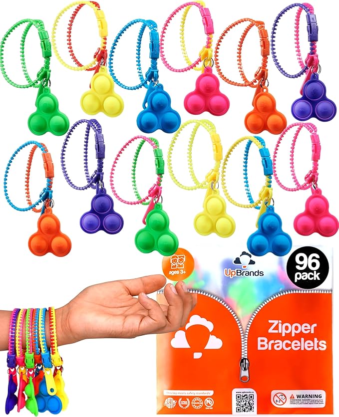 UpBrands 96 Bubbles Party Favors For Kids, Upgraded Fidget Pop-it Zipper Bracelets, Stress Relief and ADHD Fidget Toys For Kids, Kit For Goodie Bag