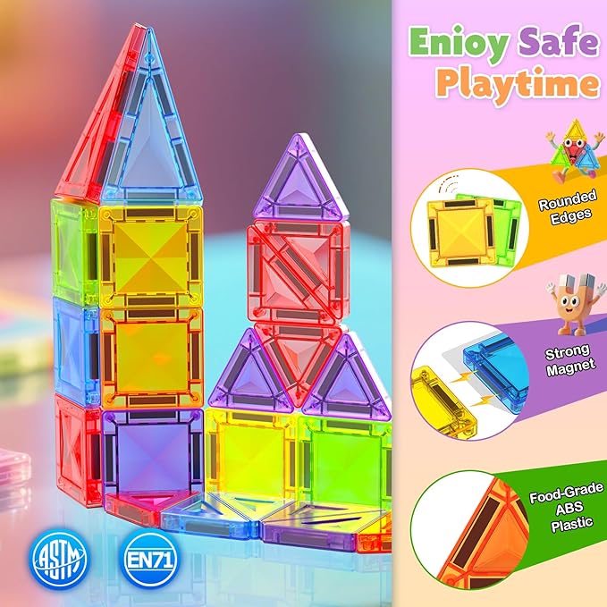 Mini Magnetic Tiles - 56 PCS Travel Magnetic Tiles with Tin, Micro Magnet Travel Toy for Kids Ages 3 4-8, STEM Educational Building Set Construction Toys, Boys Girls Toddlers Birthdays Gifts