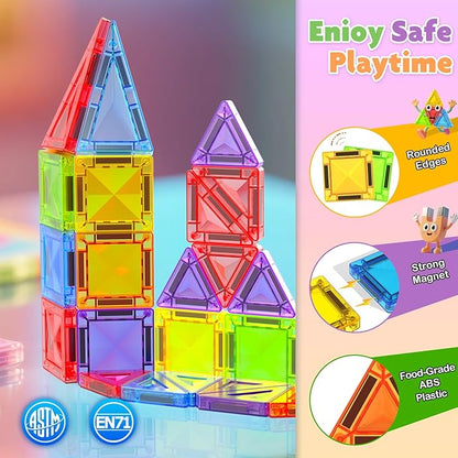 Mini Magnetic Tiles - 56 PCS Travel Magnetic Tiles with Tin, Micro Magnet Travel Toy for Kids Ages 3 4-8, STEM Educational Building Set Construction Toys, Boys Girls Toddlers Birthdays Gifts