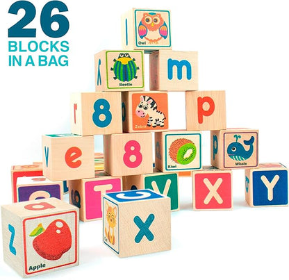 QUOKKA Wooden Puzzles Blocks for Toddlers 1-3 Large - 26 Alphabet & Numbers Baby Blocks for Kids Ages 2-4 Gift Wood Stacking & Building Toys for Learning ABC Letters for Boys and Girls 2-4