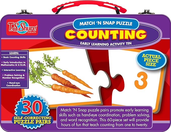 Bendon TS Shure Counting Numbers 30-Piece Matching Puzzle with Tin Storage Case Pre-School Kindergarten Learning 51472