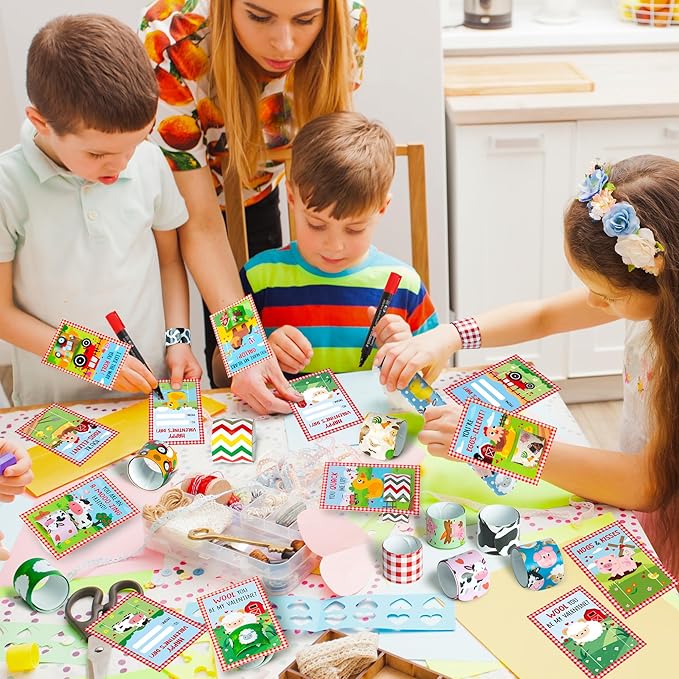 Haooryx Valentine's Exchange Gifts Bulk - 28 Pack Valentine's Day Farm Animal Slap Bracelets Inspired Greeting Cards Student Prize Activity Farmland Classroom School Kids' Multi-Item Party Favor Packs