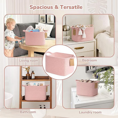 Goodpick Woven Storage Basket for Shelves, Small Baskets for Organizing, Rectangle Baby Nursery basket, Towel Baskets for Bathroom, Living Room, 13 x 10 x 9 Inches, Light Pink