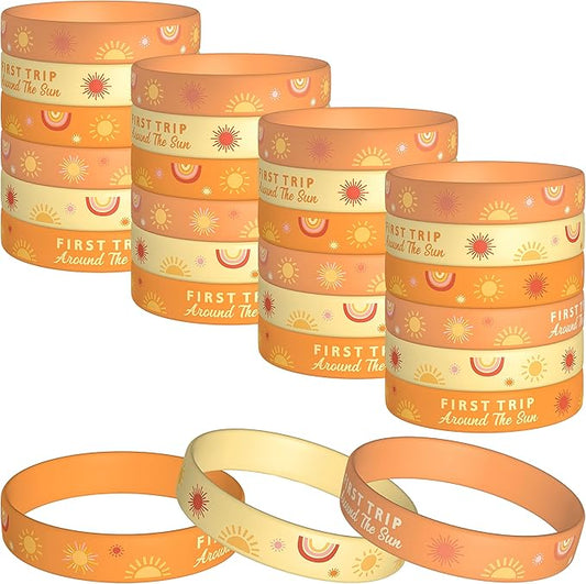 24Pcs Boho Sun First Trip Around the Sun Silicone Bracelets Stretch Rubber Wristbands Hippie Groovy Boho Rainbow Theme First Birthday Party Favors Supplies Baby Shower Gifts