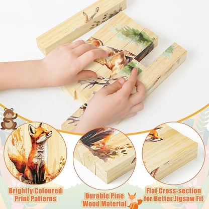 CJiangpo Wooden Animal Chunky Puzzles - 4 in 1 Woodland Animal Puzzle Blocks Sensory Toys for Toddlers 2+ Years, Realistic Rectangular Building Block Stacking Educational Toy Game for Boy Girl