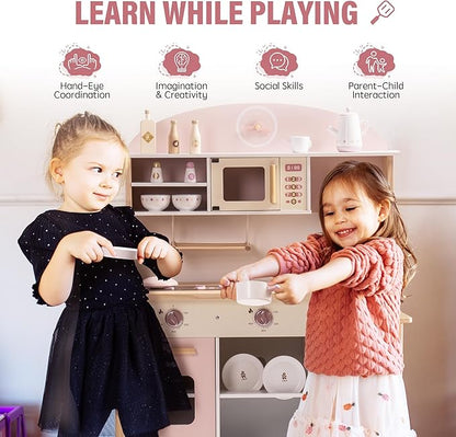 ROBUD Play Kitchen for Kids Toddlers, Wooden Play Kitchen with Realistic Accessories, Toy Kitchen Set with Plenty of Play Features, Modern Style Toy Kitchen for Girls & Boys, Gift for Ages 3+, Pink