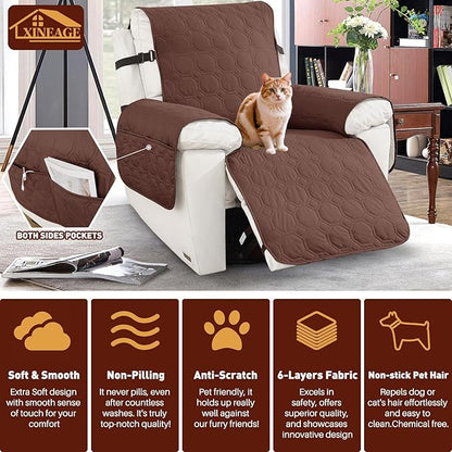 XINEAGE 100% Waterproof Recliner Chair Cover, Non Slip Covers for Recliner Chair with Pocket, Washable Dog Recliner Couch Cover with Elastic Straps (Coffee, 30")