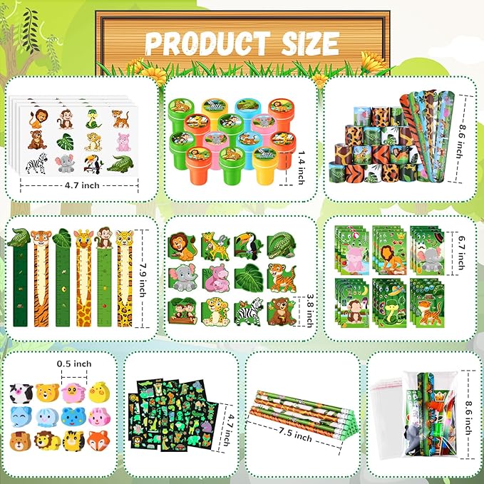 BenLouis 120Pcs Jungle Safari Party Favors Zoo Animals Sticker Stampers Slap Bracelets School Stationery Set Bulk Classroom Prizes for Kids Wild One Party Baby Shower Goodie Bags Fillers
