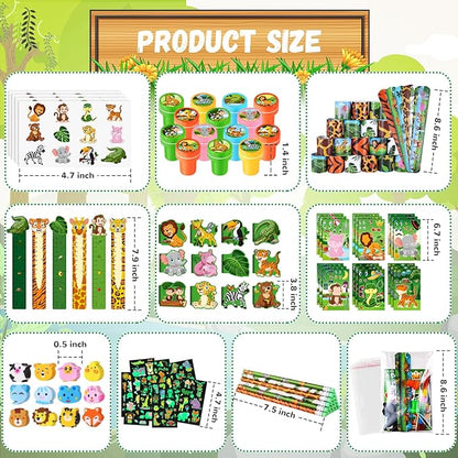 BenLouis 120Pcs Jungle Safari Party Favors Zoo Animals Sticker Stampers Slap Bracelets School Stationery Set Bulk Classroom Prizes for Kids Wild One Party Baby Shower Goodie Bags Fillers