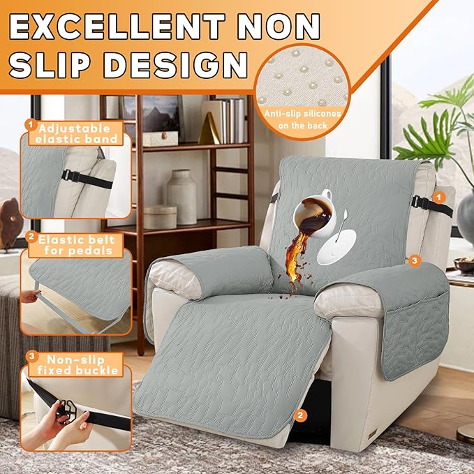XINEAGE 100% Waterproof Recliner Chair Covers with Elastic Straps, Nonslip Reclining Couch Covers Washable Recliner Couch Cover with Pockets Furniture Protector for Pets Dogs (Light Gray, 25")