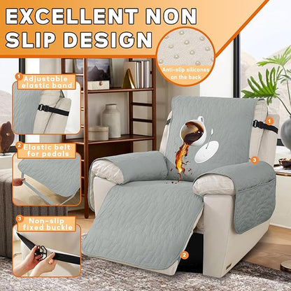 XINEAGE 100% Waterproof Recliner Chair Covers with Elastic Straps, Nonslip Reclining Couch Covers Washable Recliner Couch Cover with Pockets Furniture Protector for Pets Dogs (Light Gray, 23")