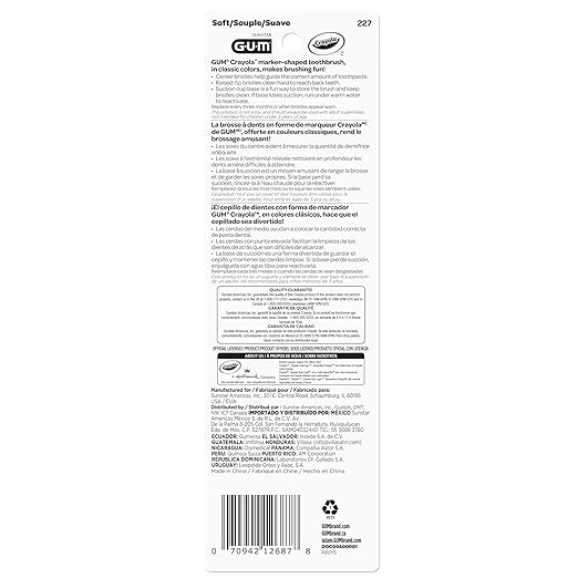 GUM Crayola Marker Children’s Toothbrush, Soft Bristled Kids’ Toothbrush Set Age 3+, Suction Cup Base, 3 Count