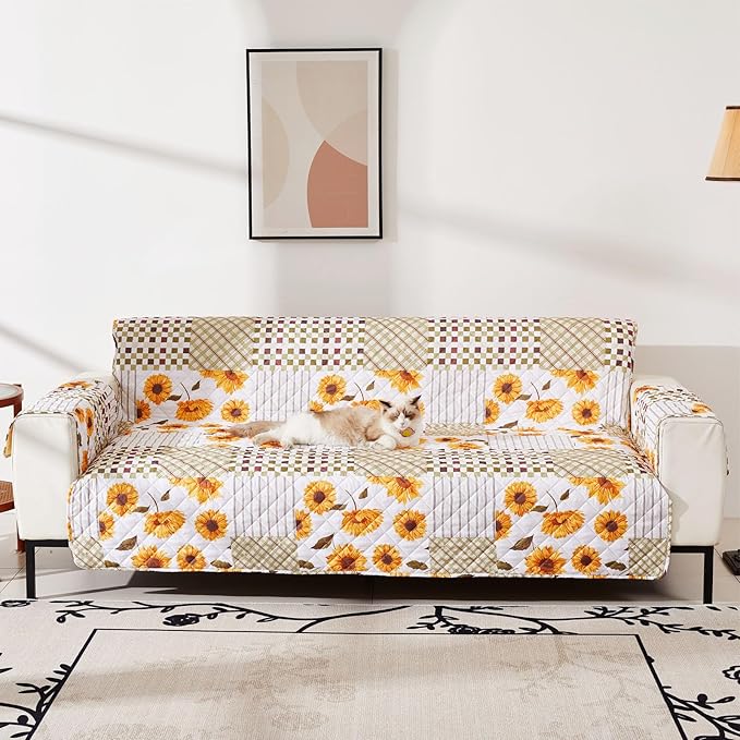 EVENHUG Loveseat Sofa Cover Patchwork Floral Sofa Slipcover Washable Couch Cover 2 Cushion Sofa Furniture Protector Cover with Elastic Straps for Pets Kids Dog Cat (Loveseat,Yellow)