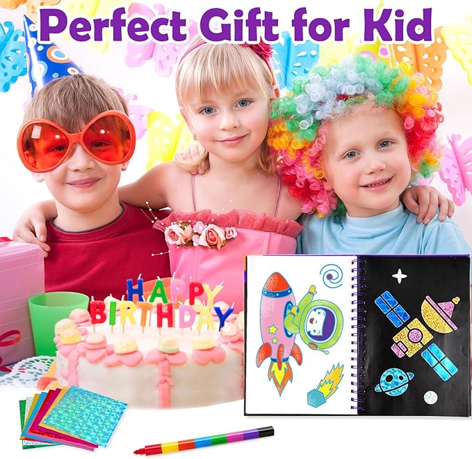 Foil Art Craft Activity for Kids: Fun DIY Toy Sticker Kit, No Mess Creative Travel Supply Set, Idea Birthday Easter Basket Stuffers Valentines Gift for Girl Boy Toddler 4 5 6 7 8 9 Year Old（Space）