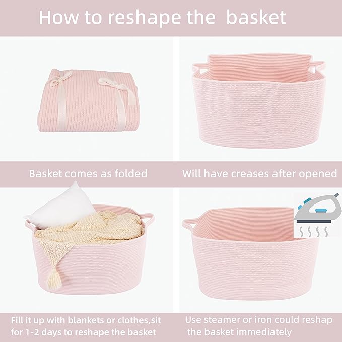 XUANGUO Large Rectangle Blankets Baskets 22"x17"x12" Toy Basket for Kids Woven Cotton Rope Storage Basket for Nursery - Wicker Laundry Baskets for Clothes Towels - Ideal for Living Room Storage pink