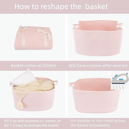 XUANGUO Large Rectangle Blankets Baskets 22"x17"x12" Toy Basket for Kids Woven Cotton Rope Storage Basket for Nursery - Wicker Laundry Baskets for Clothes Towels - Ideal for Living Room Storage pink