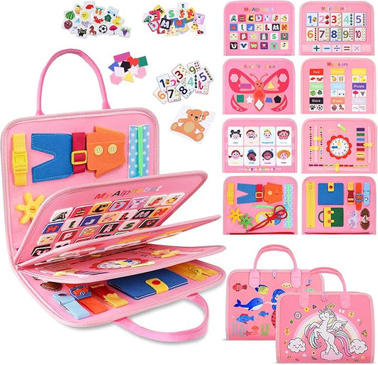 GONINO Toddler Busy Board Montessori Toys for 1-3 Year Old Girls, Sensory Busy Book for Toddlers 1-3, Learning Activities for Fine Motor Skills, Travel Toys for Airplane Car, Gifts for 1 Year Old Girl