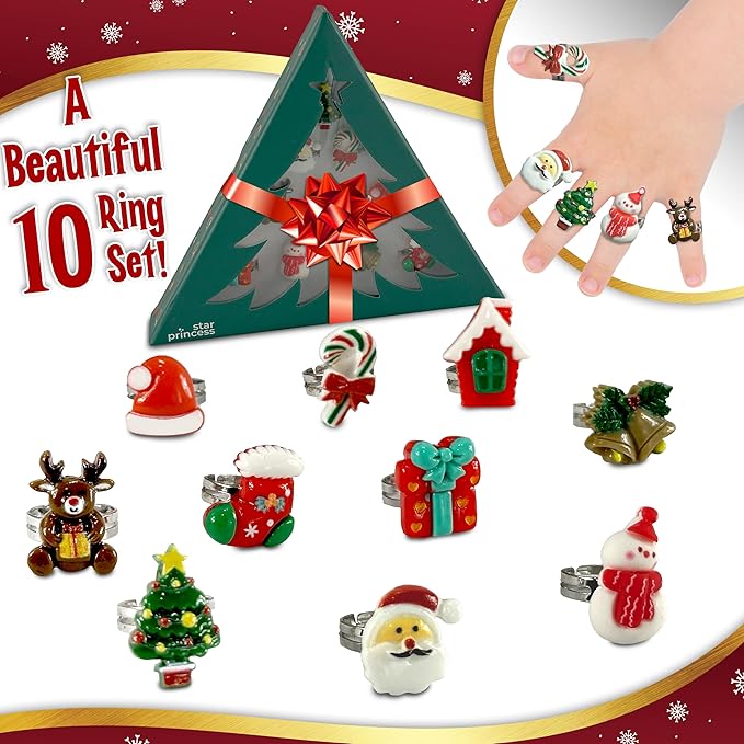 Christmas Stocking Stuffers Jewel Rings for Kids, Set of 10 Christmas-Themed Adjustable Holiday Dress-Up Rings for Girls in Christmas Tree Gift Box, Christmas Gift for Girls Age 3 4 5 6 7 8 and Up