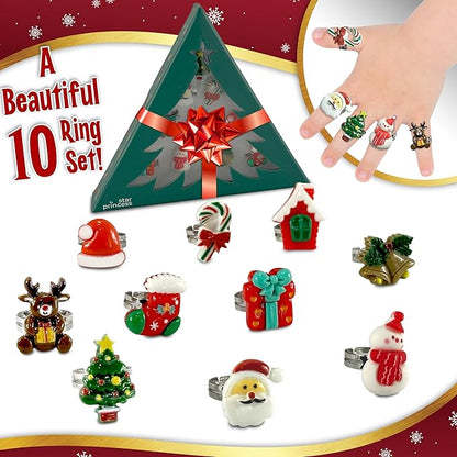 Christmas Stocking Stuffers Jewel Rings for Kids, Set of 10 Christmas-Themed Adjustable Holiday Dress-Up Rings for Girls in Christmas Tree Gift Box, Christmas Gift for Girls Age 3 4 5 6 7 8 and Up