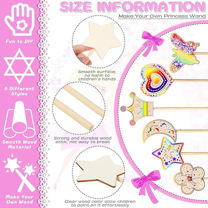 42 Pcs Princess Fairy Wands Kit, Include 36 Pcs Wooden Unfinished Wand DIY Princess Wand with 6 Sheet Colorful Diamond Sticker for Girls Make Your Own Princess Wand, Cosplay Costume Party Favor