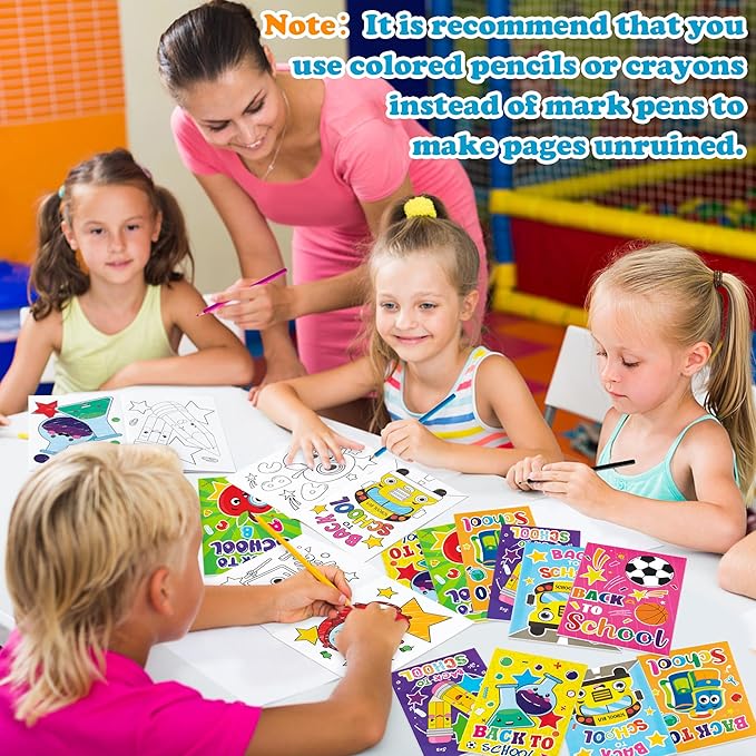 Dvbonike 48Pcs Back to School Coloring Books - First Day of School DIY Color-in Pages Pencil Schoolbag Cute Patterns Drawing Booklet Classroom Reward Art Activity Gifts Party Favors Supplies for Kids