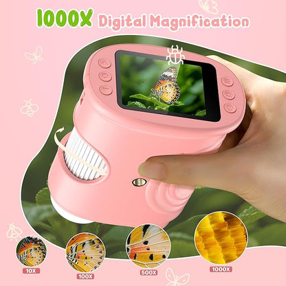 1000X Handheld Digital Microscope for Kids: Pocket Microscope with 2.0" IPS Screen - STEM Toys Birthday Gifts for Girls Boys - Portable Edu Science Kits Toddler Age 3-6 6-12 Pink