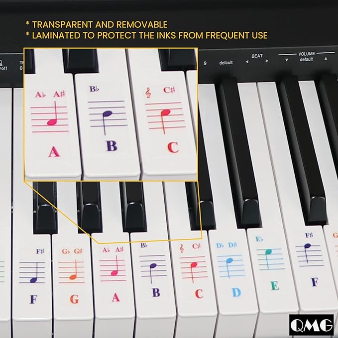 QMG Color Piano and Keyboard Stickers and Complete Color Note Piano Music Lesson and Guide Book for Kids and Beginners; Designed and Printed in USA