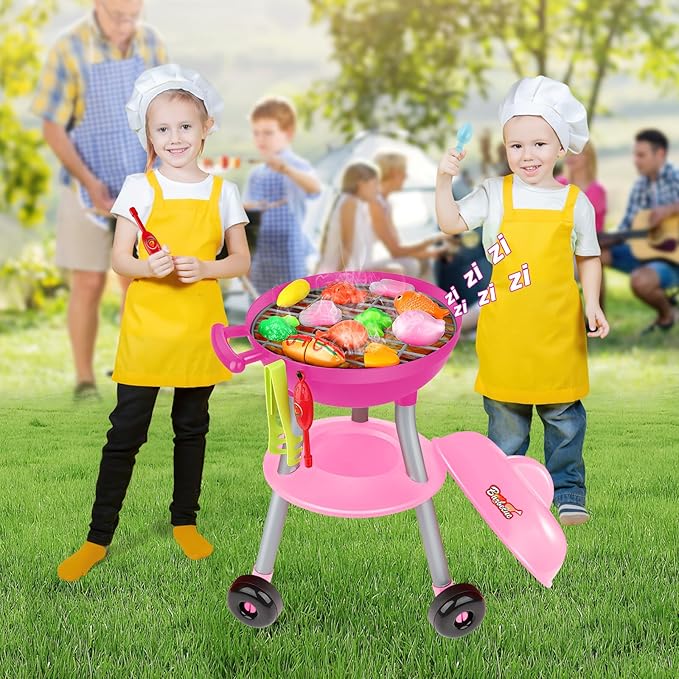deAO Kids BBQ Grill Playset,36 Pcs Kitchen Toy with Realistic Smoke,Light,6Pcs Change Color Pretend Foods,Cutting Foods Toys,Interactive BBQ Toy Set for Kids