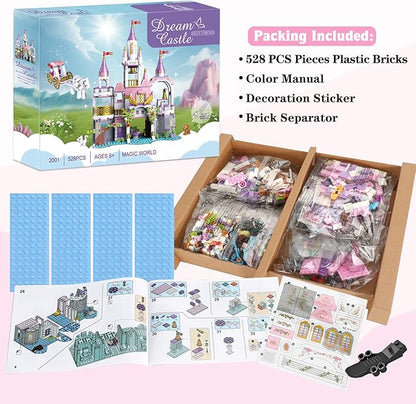 BRICK STORY Dream Girls Princess Castle with Carriage Building Blocks 516 Pieces Pink Castle Toys for Girls 6-12 Years Old Palace Creative STEM Building Toys Gift for Kids Birthday Christmas