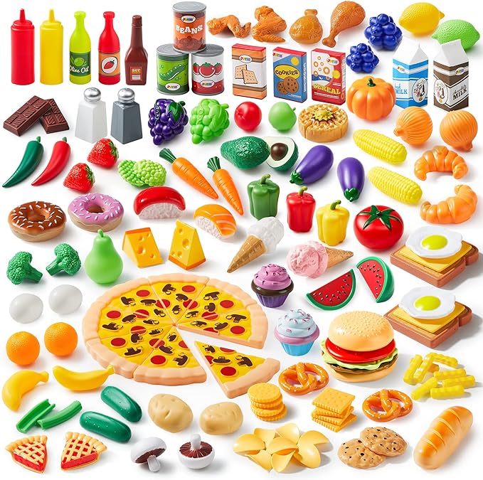Play Food Set 135 Pieces Play Kitchen Set for Market Educational Pretend Play, Food Playset, Kids Toddlers Toys, Kitchen Accessories Fake Food, Party Favor Christmas Stocking Stuffers