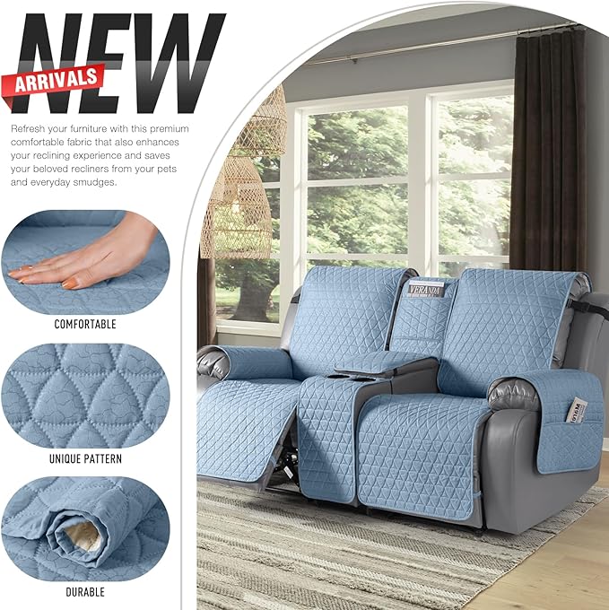TAOCOCO 100% Waterproof Recliner Cover -Loveseat Recliner Cover with Center Console,Non-Slip Reclining Couch Covers for 2 Seat,with Elastic Straps Pocket for Kids, Dogs(Sky Blue, 2 Seater XL)