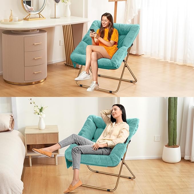 Comfy Saucer Chair, Foldable Living Room Chairs, Soft Faux Fur Lounge Chair for Bedroom, Reading Chairs for Adults, Kids, X-Large (Mint)