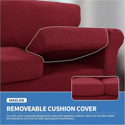 MAXIJIN 3 Piece Stretch Couch Covers for 2 Cushion Couch Sofa Slipcovers with 2 Extra Large Seat Cushion Couch Jacquard Loveseat Sofa Couch Cover for Dogs (2 Cushion Sofa, Wine Red)