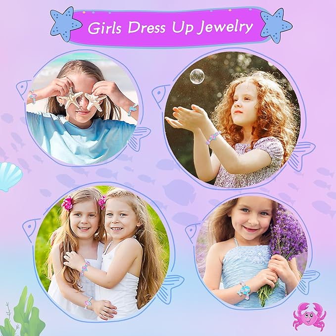 Kids Bracelets Mermaid Party Favors - 12 Pack Cute Toddlers Little Girls Ocean Wooden Beaded Bracelets, Costume Play Jewelry Princess Birthday Goodie Bag Stuffers Pinata filler Classroom Prize Gifts