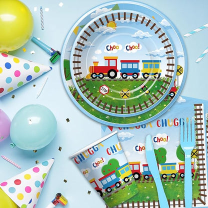 Train Birthday Plates And Napkins Party Supplies Dinnerware, Train Birthday Decorations, Plate, Cup, Napkin, Fork, Train Theme Chugga Choo Party Supplies For 1st 2nd 3rd Birthday | 24 Guests