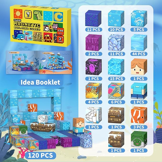 Magnetic Blocks-120PCS Ocean Quest Set，Magnetic Building Blocks Kids Toys for Ages 3 4 5 6 7 8 Birthday Gifts，STEM Montessori Sensory Toys for 3+ Years Old Boys & Girls
