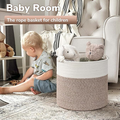 Goodpick Woven Laundry Basket, 15 x 14.2 Inches Cotton Rope Basket for Blankets, Soft Blanket Storage Baskets with Handles for Living Room, Woven Toy Storage Organizer for Nursery, Brown
