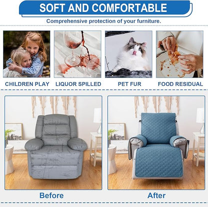 100% Waterproof Recliner Chair Covers, Anti-Slip Recliner Cover, Washable Recliner Slipcover with Pocket, Elastic Straps for Pets, Dogs, Gray Blue