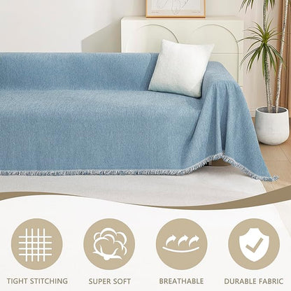 MYSKY HOME Couch Covers Loveseat Couch Cover Blanket Blue Chenille Sofa Covers with Tassel Edge Living Room Large Futon Sofa Slipcovers Simple Practical Furniture Protector for Dogs Pet 91"x 118"