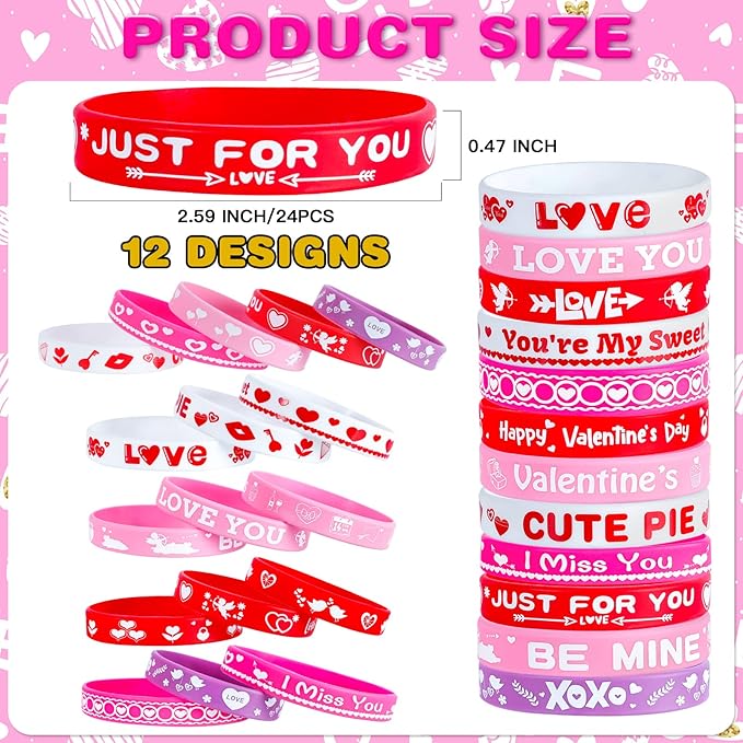 72 Pcs Valentines Slap Bracelets Rubber Bracelets Valentines Party Favors Gifts for Kids School Classroom Goodie Bag Stuffers