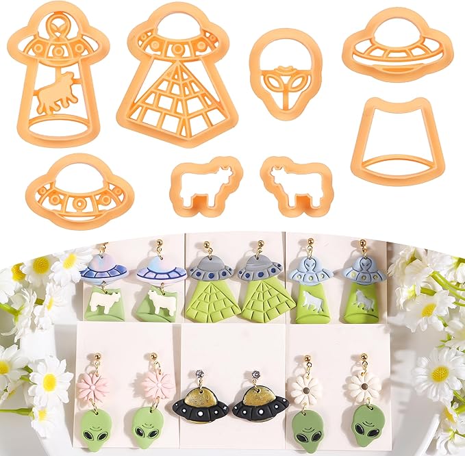 Puocaon Spaceship Polymer Clay Cutters - 8 Pcs Unique Airship Shapes Clay Earrings Making Kit UFO Stud Cutters for Earrings Jewelry Making